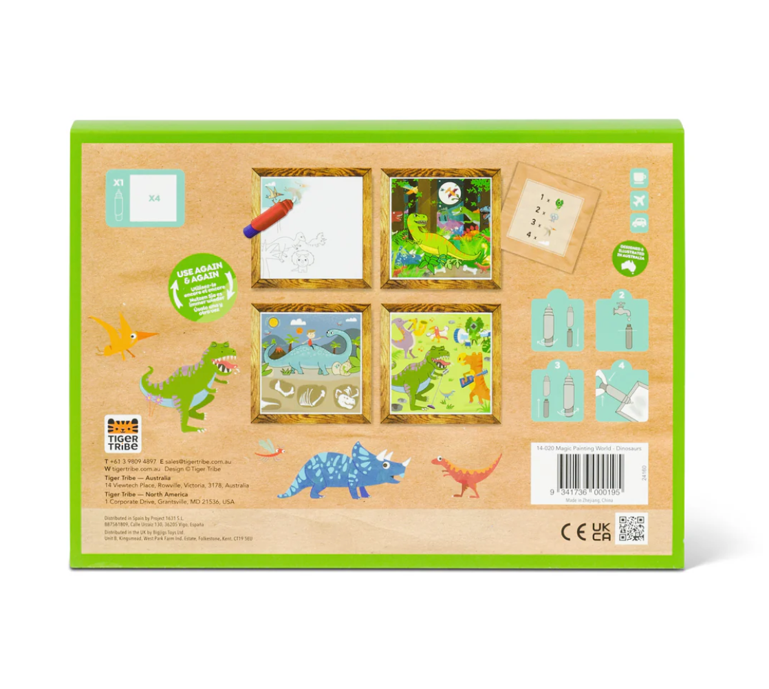 Magic Painting World | Dinosaurs pack showing four dino-themed reusable magic painting cards and instructions on back.