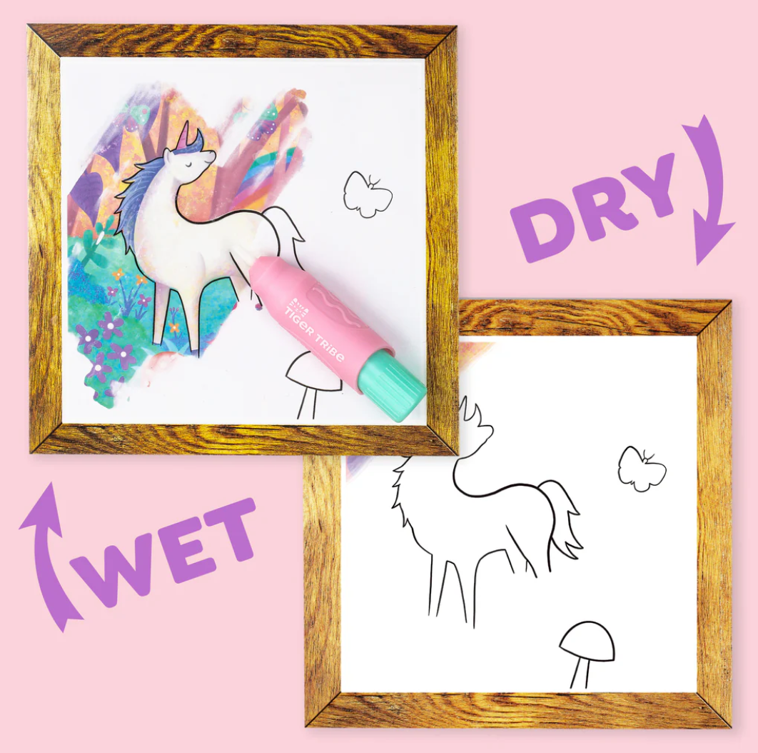 Magic Painting World | Unicorns & Friends showing wet and dry magical water-brush painting cards with unicorn designs.