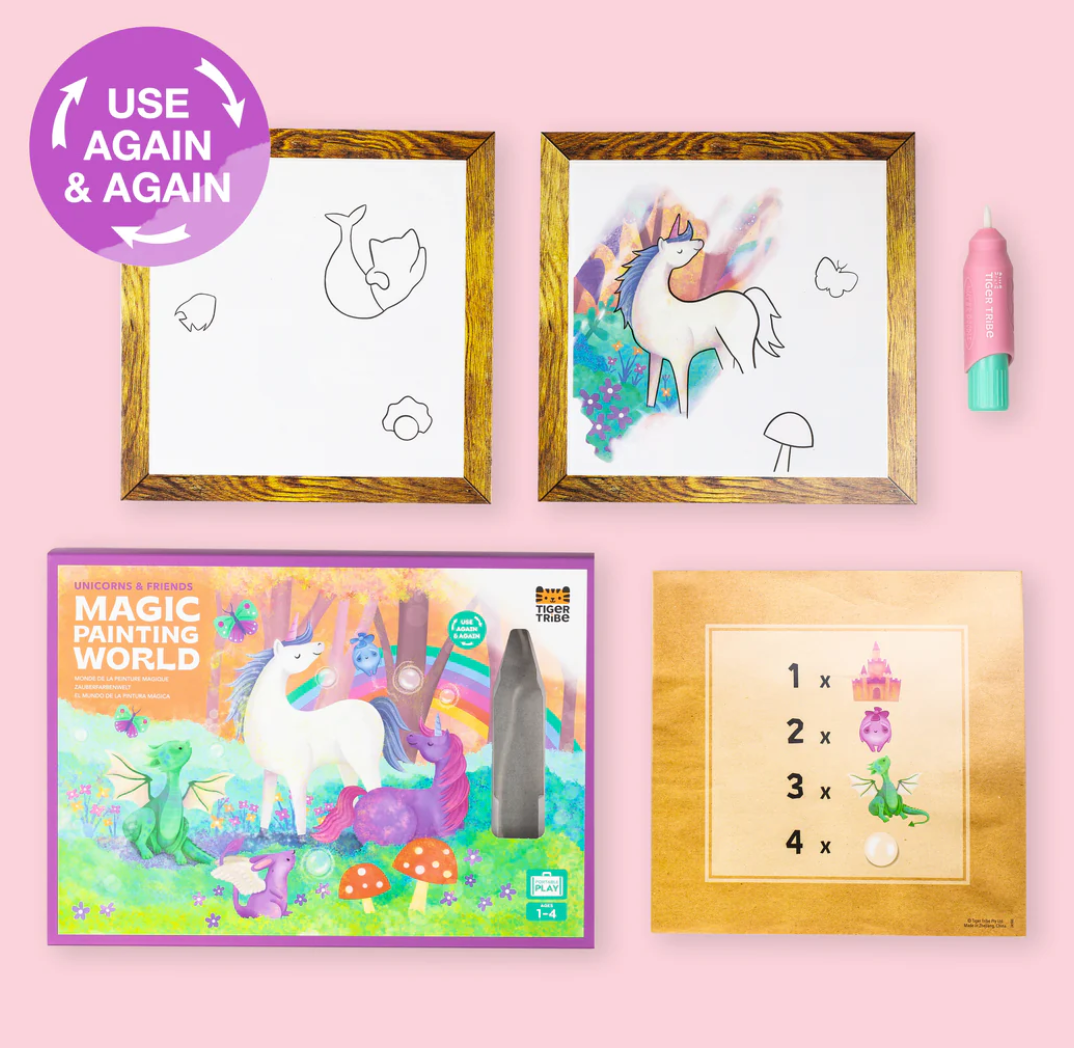 Magic Painting World | Unicorns & Friends set with reusable water-brush and framed unicorn scenes for mess-free painting fun.