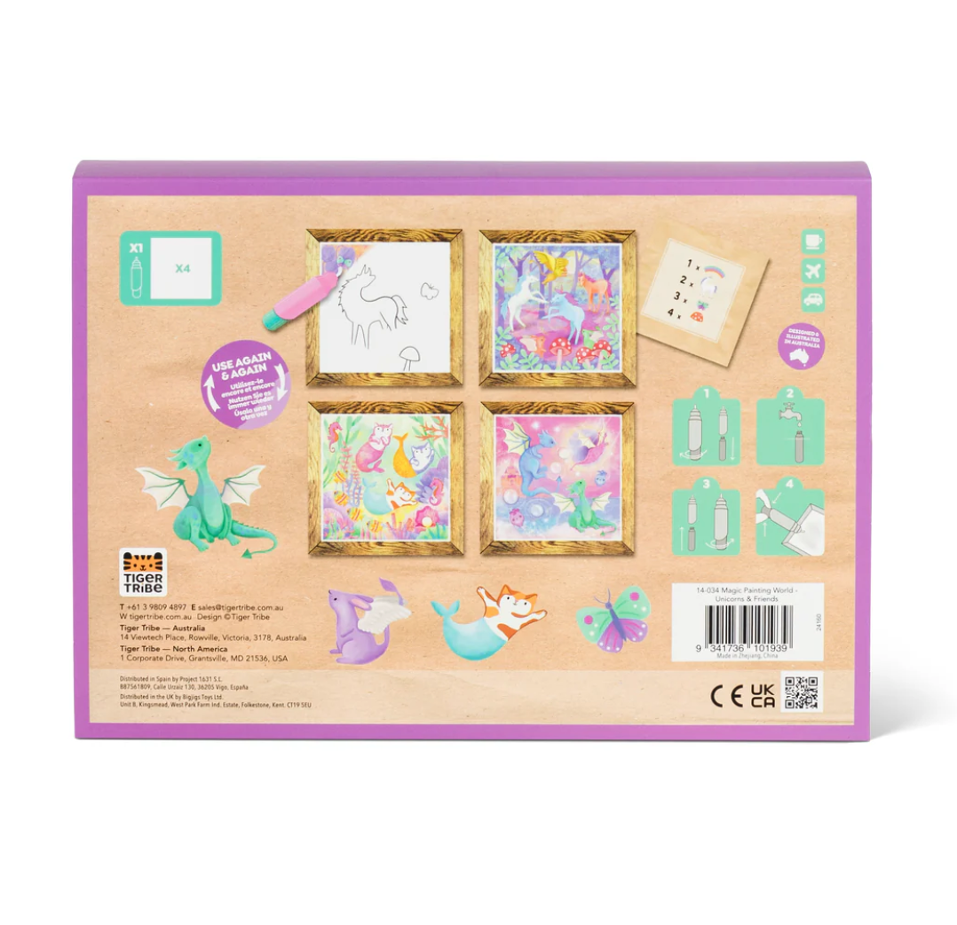 Magic Painting World | Unicorns & Friends shows the back with four reusable magic painting scenes and water-brush instructions.