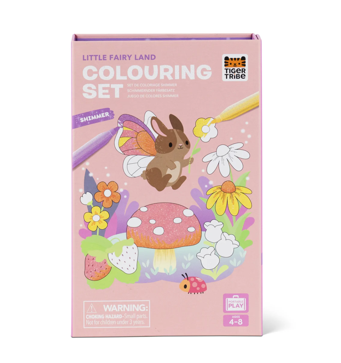 Coloring Set | Little Fairy Land with shimmer markers featuring fairy-winged animals and flowers in a portable pink box.