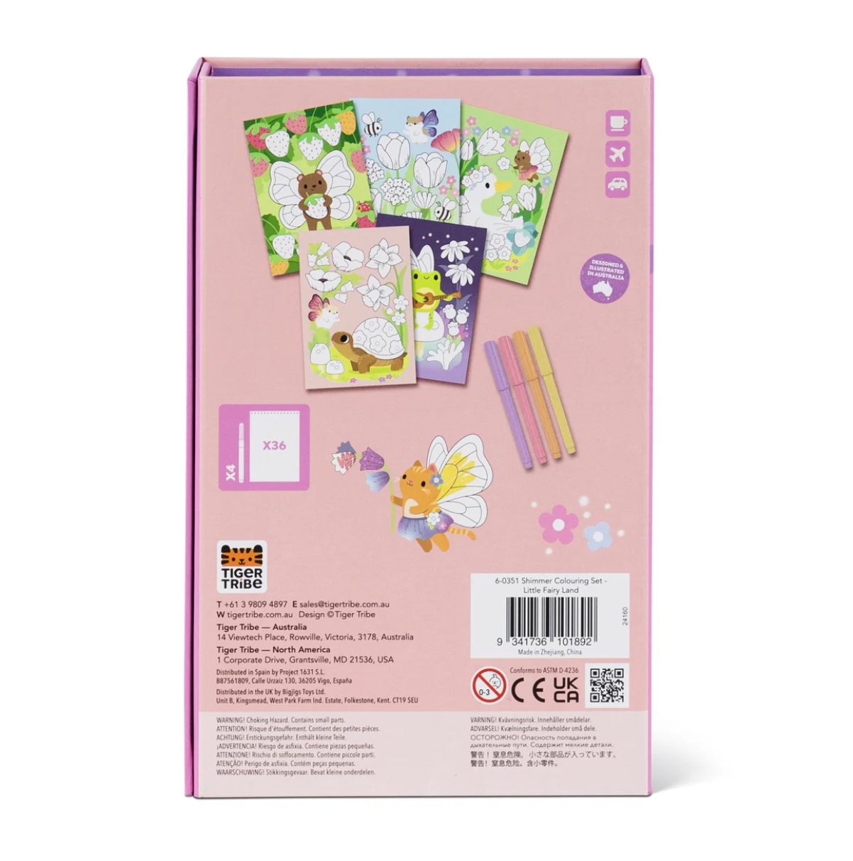 Coloring Set | Little Fairy Land with 36 fairy-themed coloring pages and 3 shimmer markers in a portable storage box.