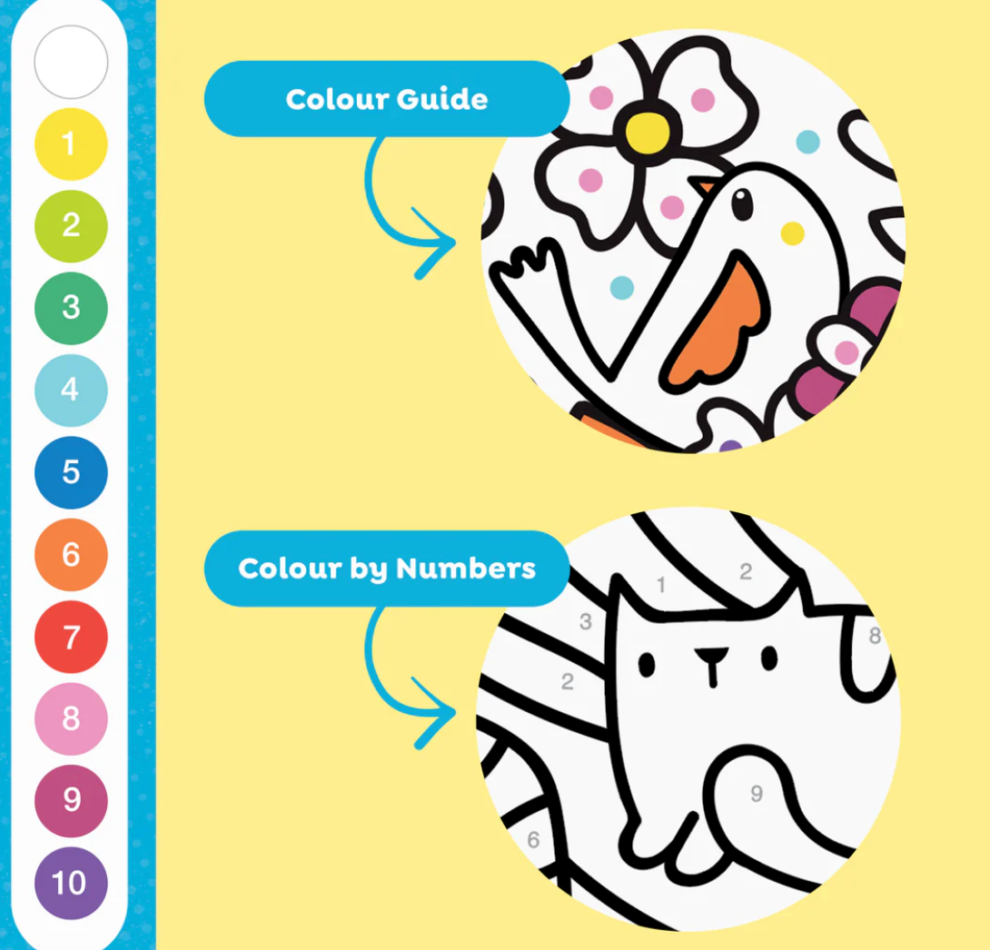 Color by Number | Rainbow Garden shows a color guide and a cat drawing for kids to color by numbers.