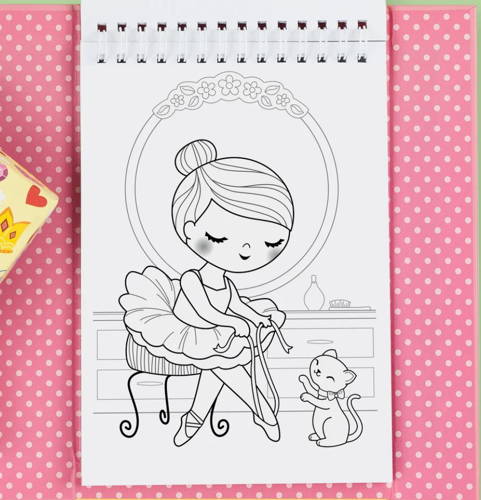 Coloring Set | Ballet featuring a ballerina tying shoes with a playful cat on a pink polka dot background.