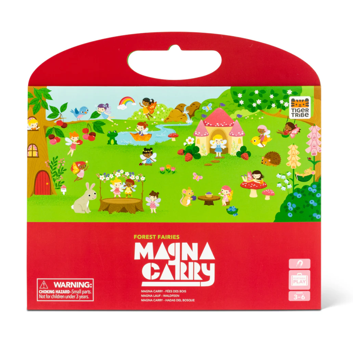 Magna Carry | Forest Fairies features a colorful fairy forest scene with woodland creatures and playful fairies on a red carrying case.