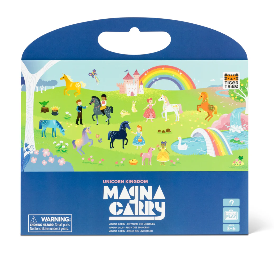 Magna Carry | Unicorn Kingdom foldable magnetic play scene with colorful unicorns, rainbow, castle, and enchanted landscape.