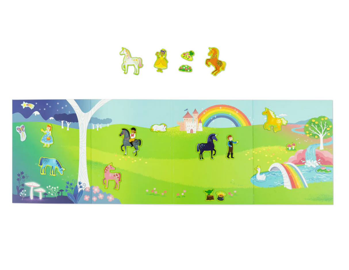Magna Carry | Unicorn Kingdom fold magnetic play scene with colorful unicorns, castle, rainbow, and enchanted characters.