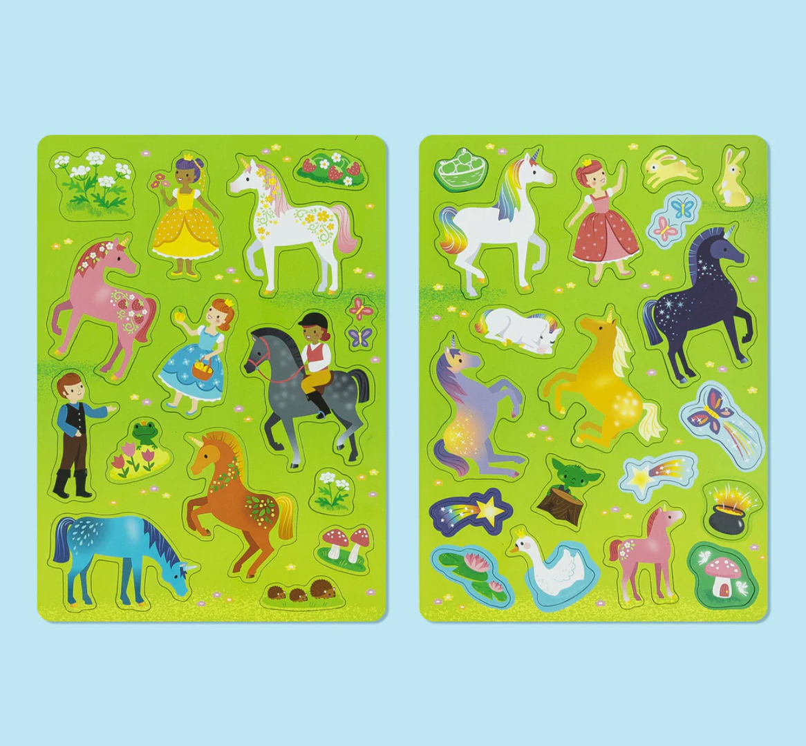 Magna Carry | Unicorn Kingdom featuring colorful unicorn and fairy magnetic play pieces on two green foldable boards.