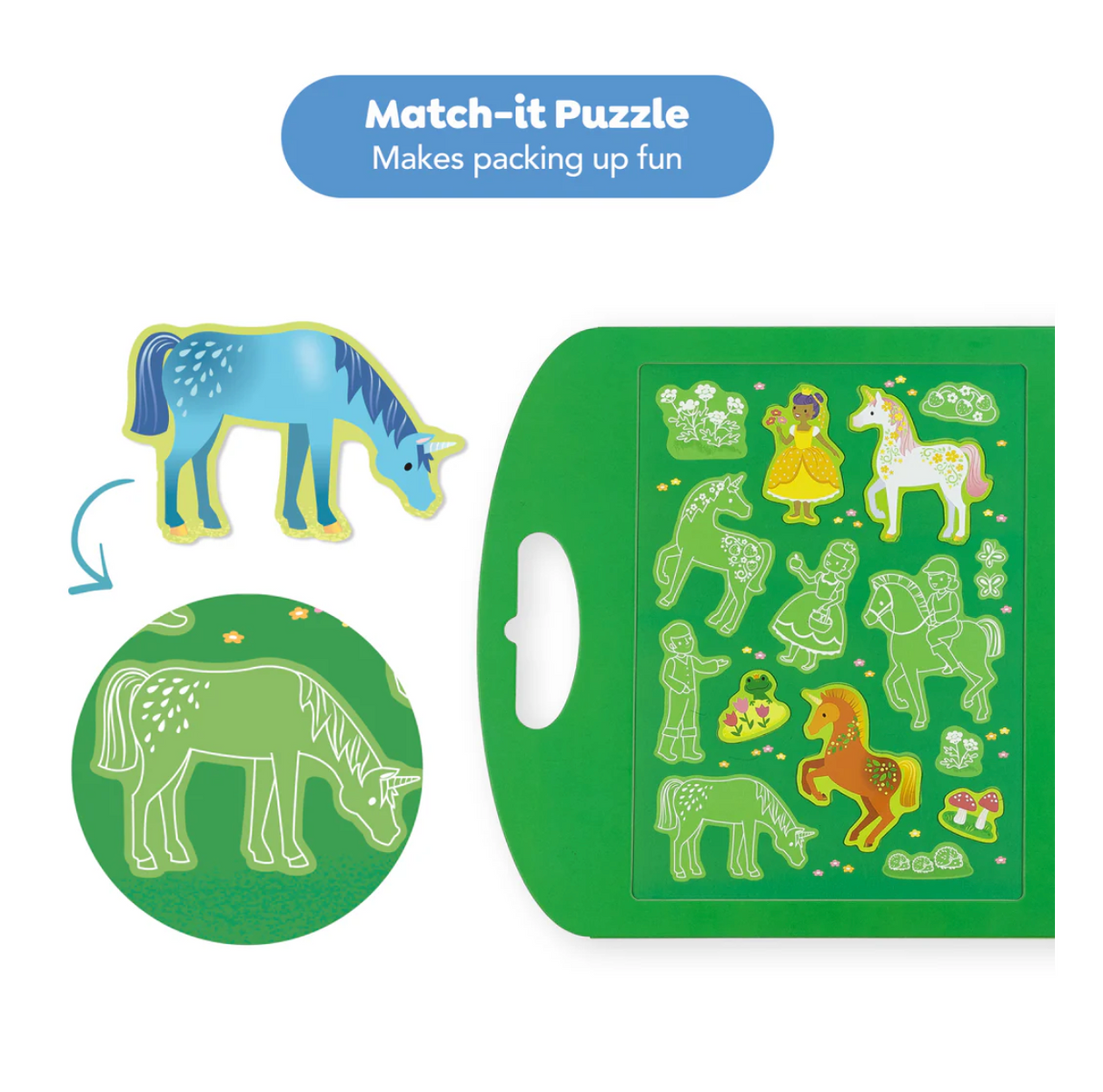 Magna Carry | Unicorn Kingdom fold magnetic play scene with match-it puzzle for easy packing and imaginative play.