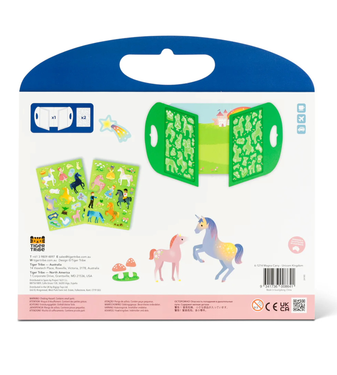 Magna Carry | Unicorn Kingdom fold magnetic play scene with unicorn magnets, castle, and enchanted flowers for imaginative play.