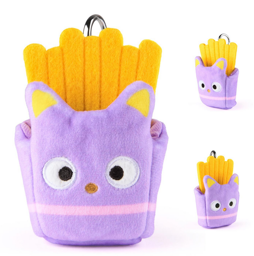 Hello Kitty & Friends Fast Food Blind Box featuring a purple Chococat plush with fries and keychain clasp.