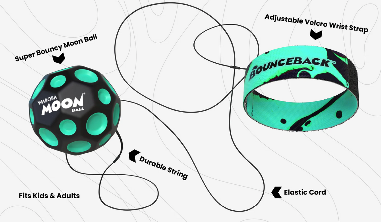 Waboba Bounceback! features a super bouncy Moon Ball attached to an adjustable wristband with durable string and elastic cord.
