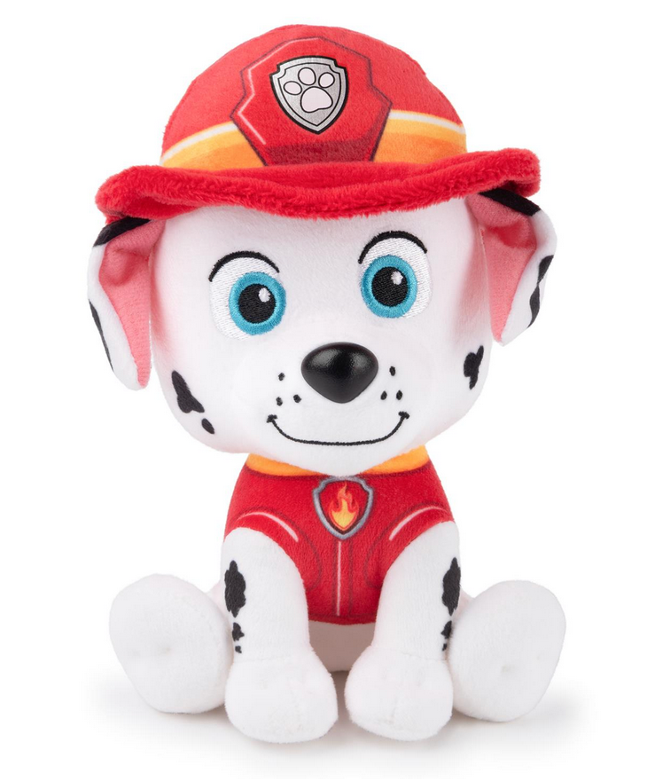 Paw Patrol Marshall plush toy in red firefighter uniform with blue eyes, perfect for playtime rescue missions.