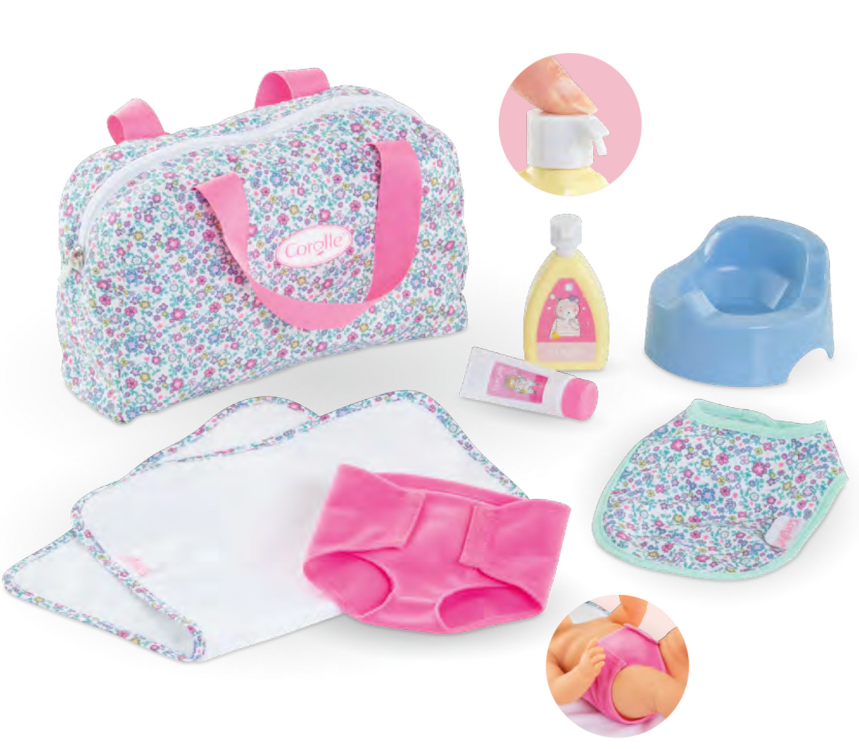 Floral Changing Accessories Set with doll diaper change items including bag, bib, potty, lotion, cream, towel, and diaper.