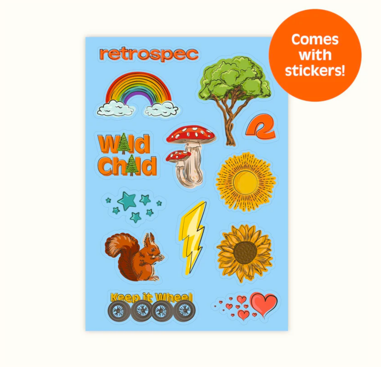Cub Balance Bike | Blush accessory sticker sheet with rainbow, sun, tree, squirrel, and hearts on blue background.