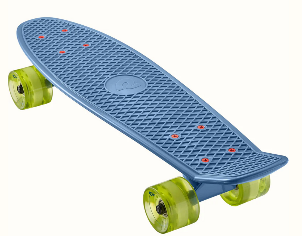 Quip Mini Cruiser Skateboard Marine Blue with durable plastic deck and translucent green wheels, perfect for commuting and leisure.