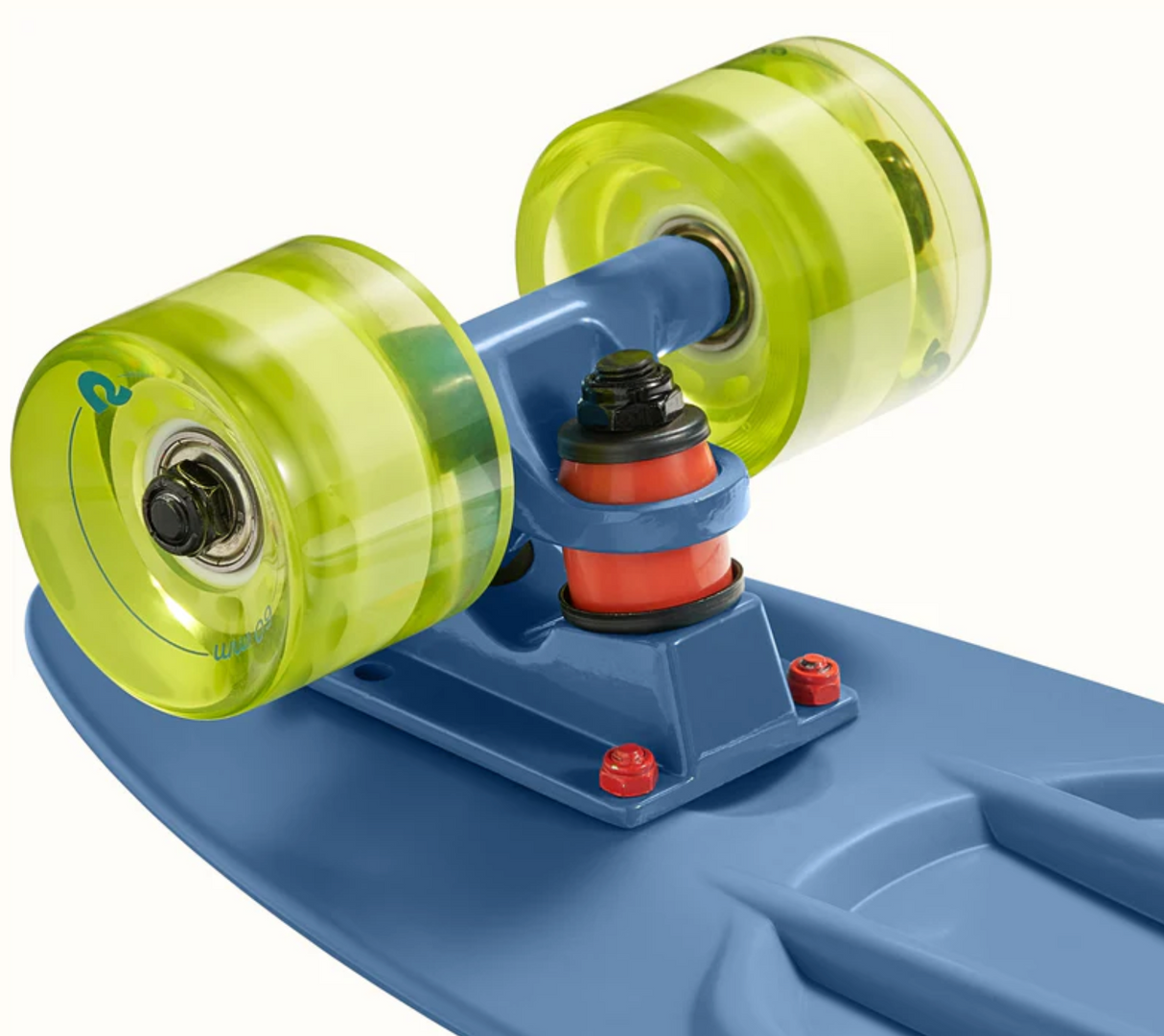 Close-up of yellow wheels and blue deck of Quip Mini Cruiser Skateboard Marine Blue showing durable plastic and flexible design.