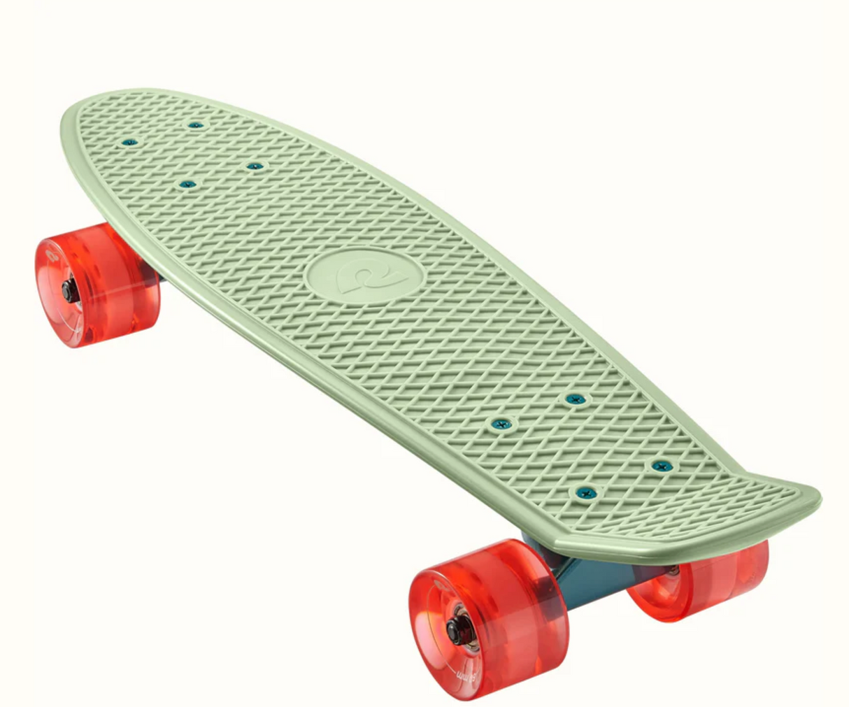 Quip Mini Cruiser Skateboard Green Tea with durable plastic deck and translucent red wheels, perfect for easy commuting.