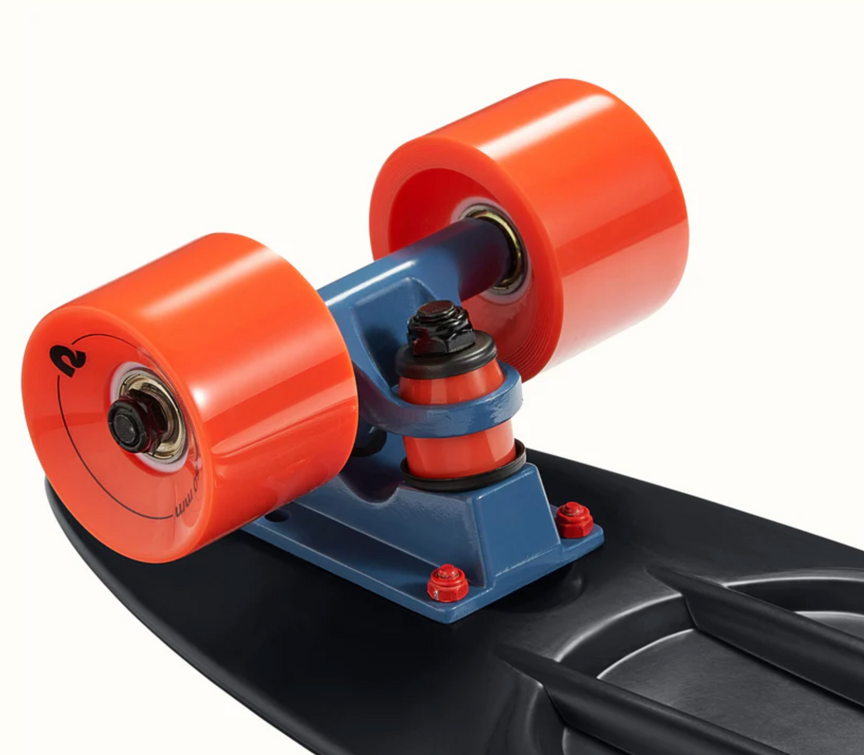Close-up of orange wheels and blue trucks on the Quip Mini Cruiser Skateboard | El Diablo with black deck.