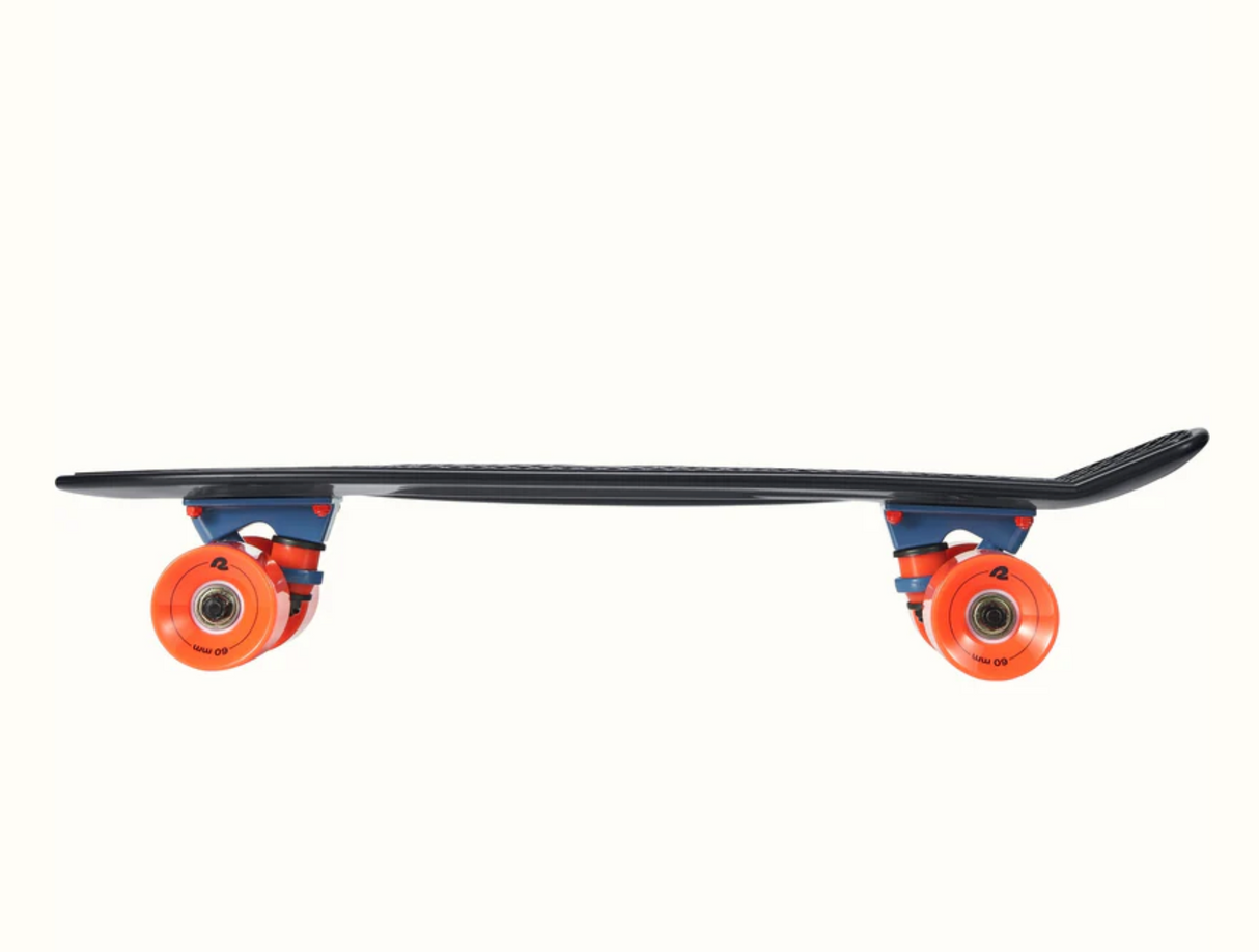 Quip Mini Cruiser Skateboard | El Diablo with black deck and bright orange wheels, compact and durable for easy commuting.