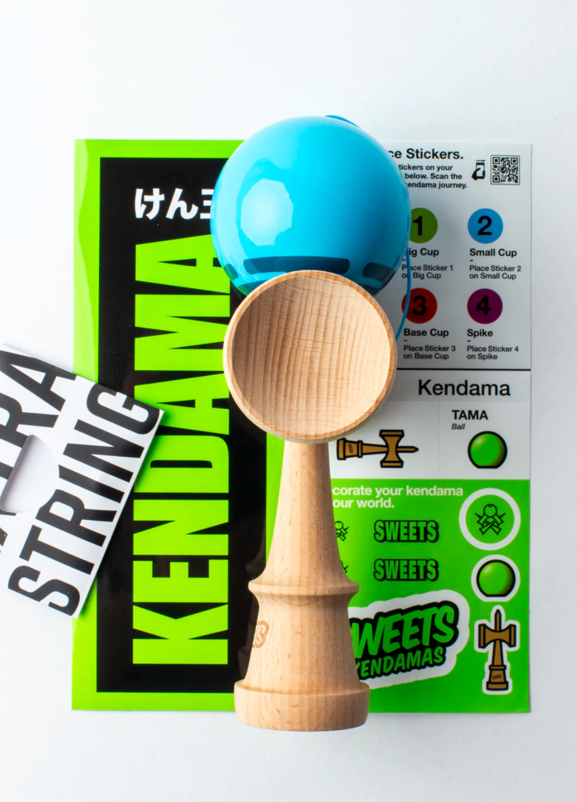 Kendama Prime Radar | Blue with bright blue tama, wooden ken, and included sticker pack and replacement string.