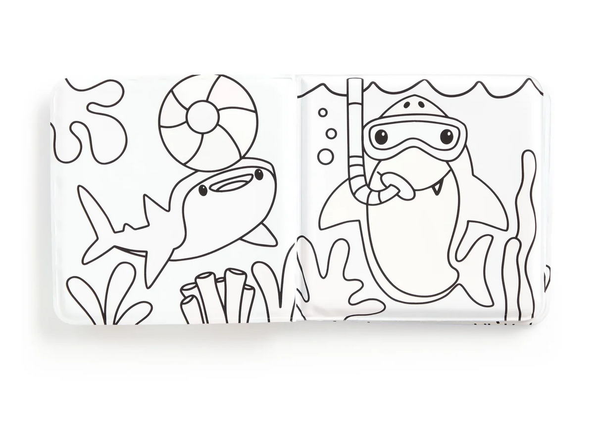 Bath Book Color Magic | Shark Splash! showing black and white aquatic shark illustrations ready to change color with water.