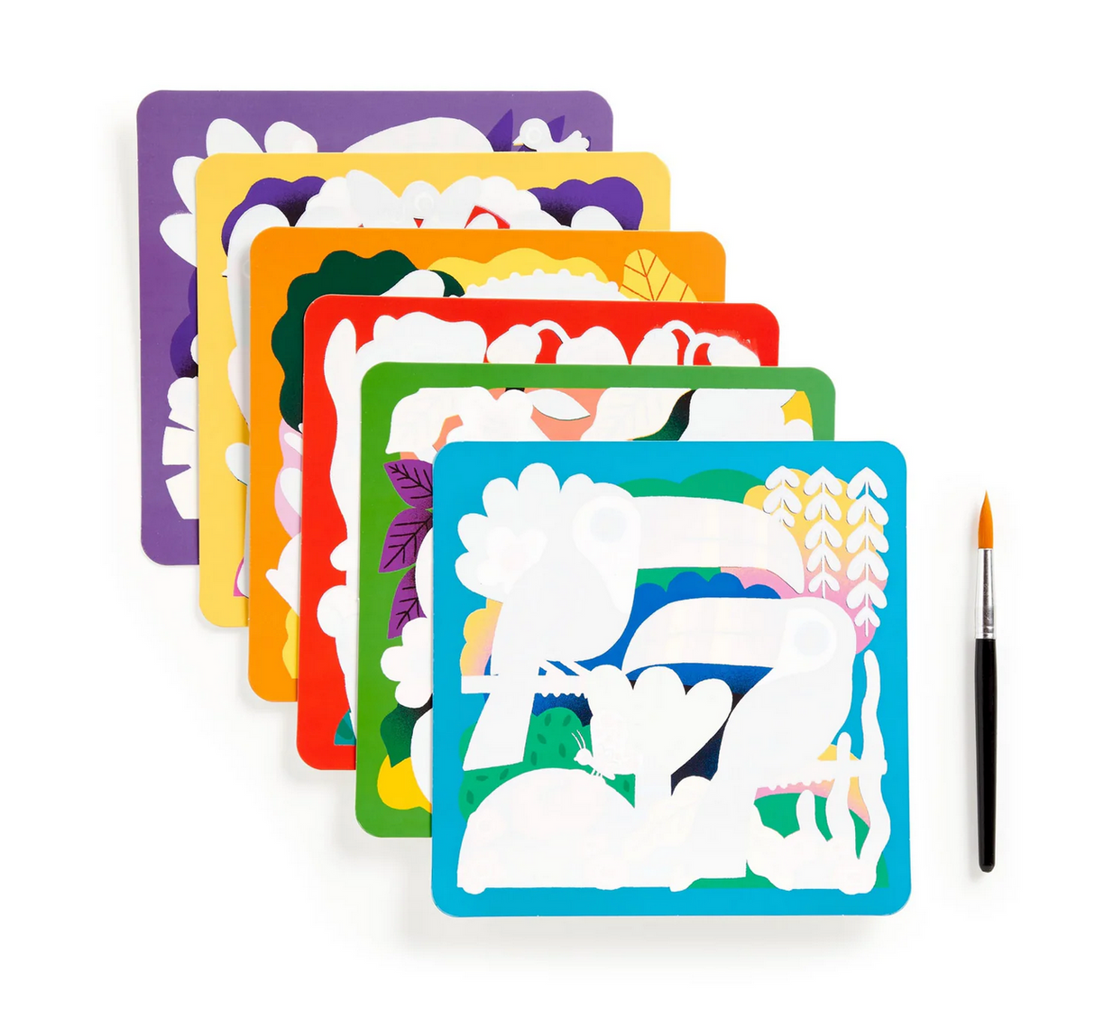Color Magic Water Reveal | Rainforest Friends showing blank art sheets with brush for water-activated colorful jungle scenes.