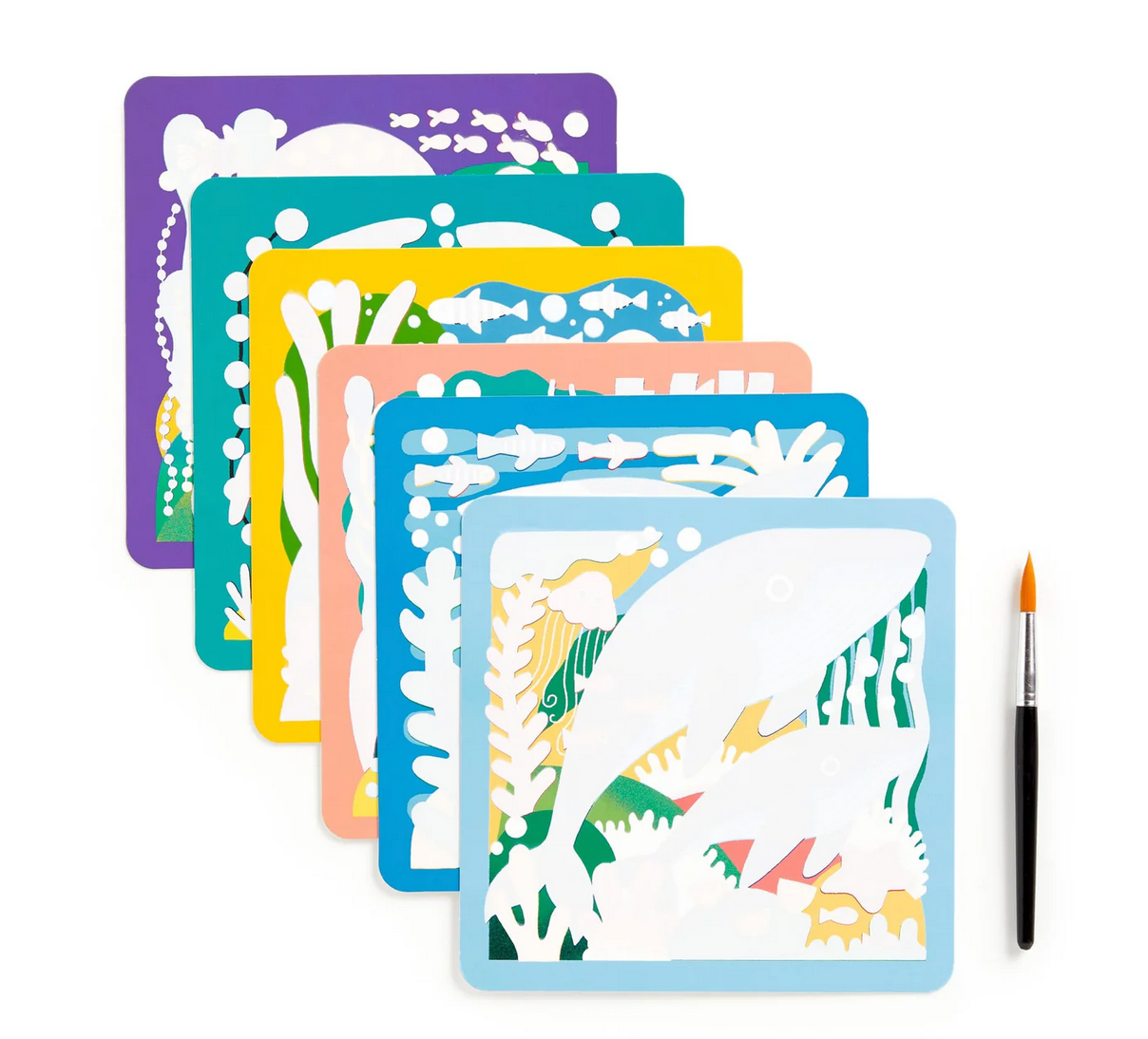 Color Magic Water Reveal | Under the Sea kit showing unpainted ocean creature sheets with brush for water reveal fun.