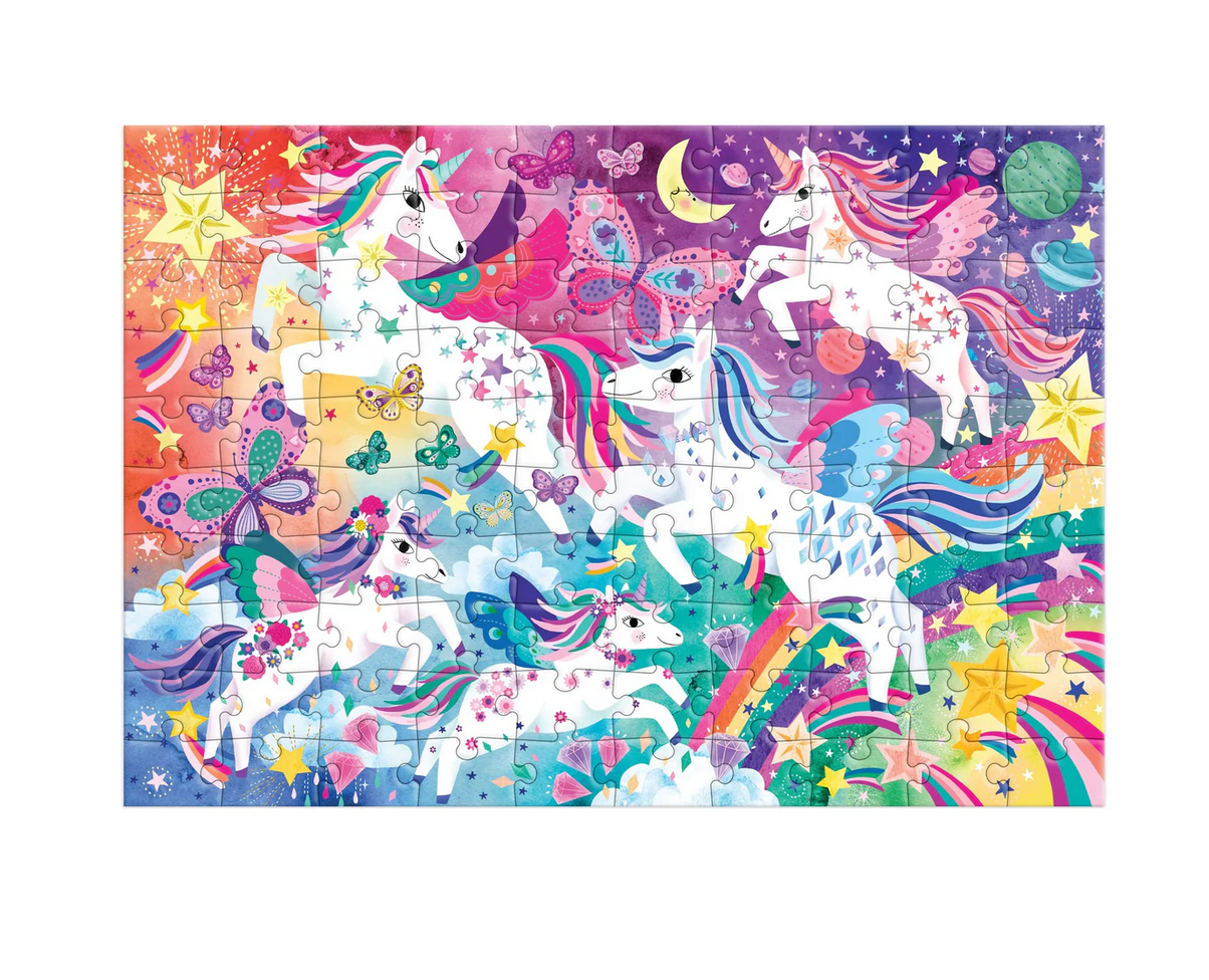 100pc Unicorn Magic Puzzle showing colorful unicorns, stars, butterflies, and rainbows in a dreamy celestial scene.