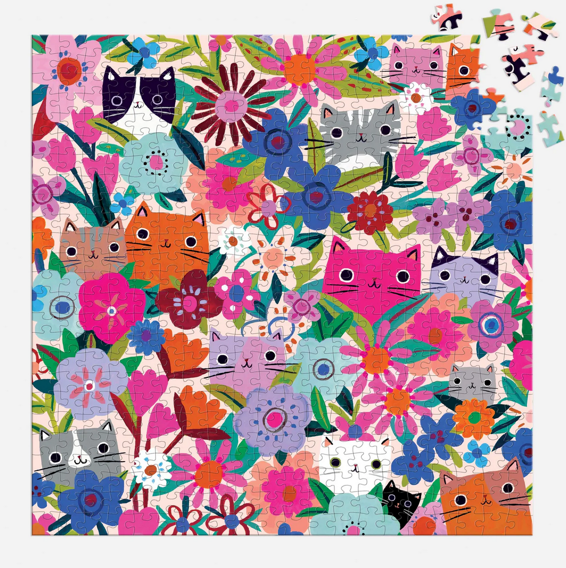 500pc Blooming Cats Family Puzzle showing colorful cats among vibrant blooming flowers and lush greenery.