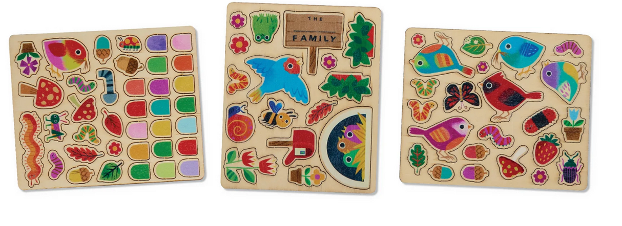 Design a Bird House product showing colorful wooden pieces for children to decorate their own birdhouse.