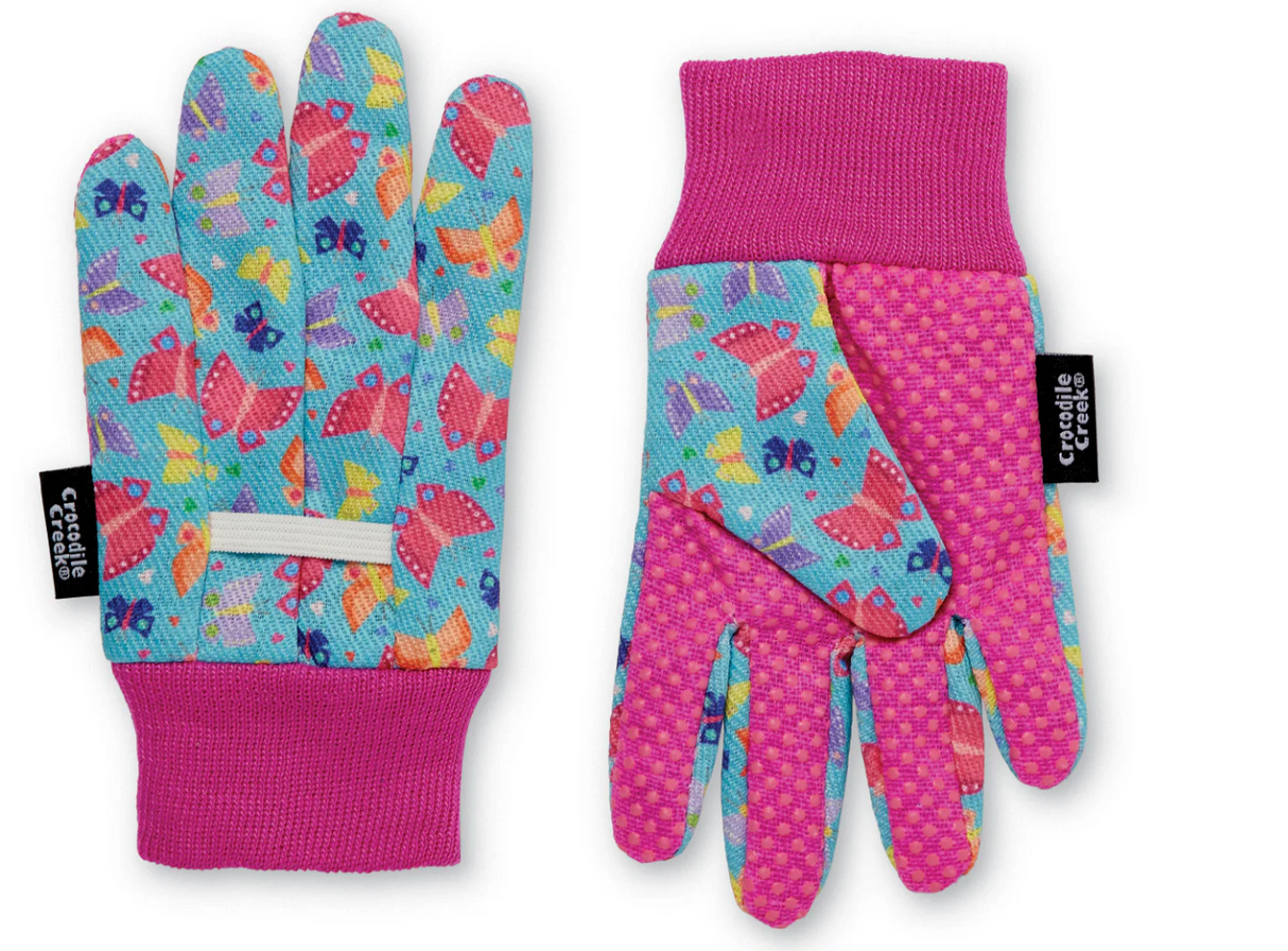 Garden Gloves | Butterfly Rainbow kids gardening gloves with colorful butterfly design and pink elastic wristbands for comfort and grip.
