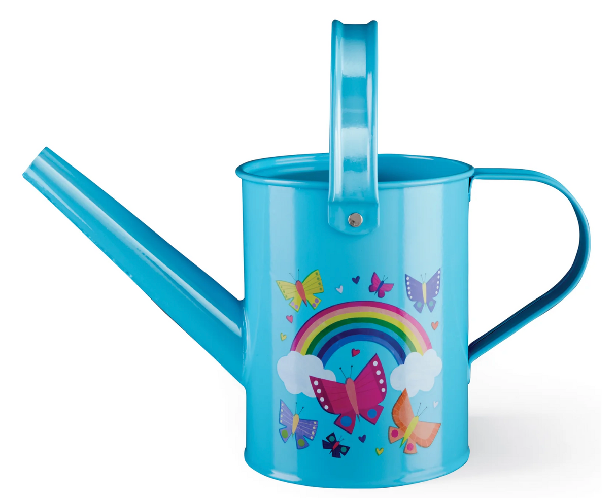 Watering Can | Butterfly Rainbow, blue metal children's watering can with butterfly and rainbow design, two handles, long spout.