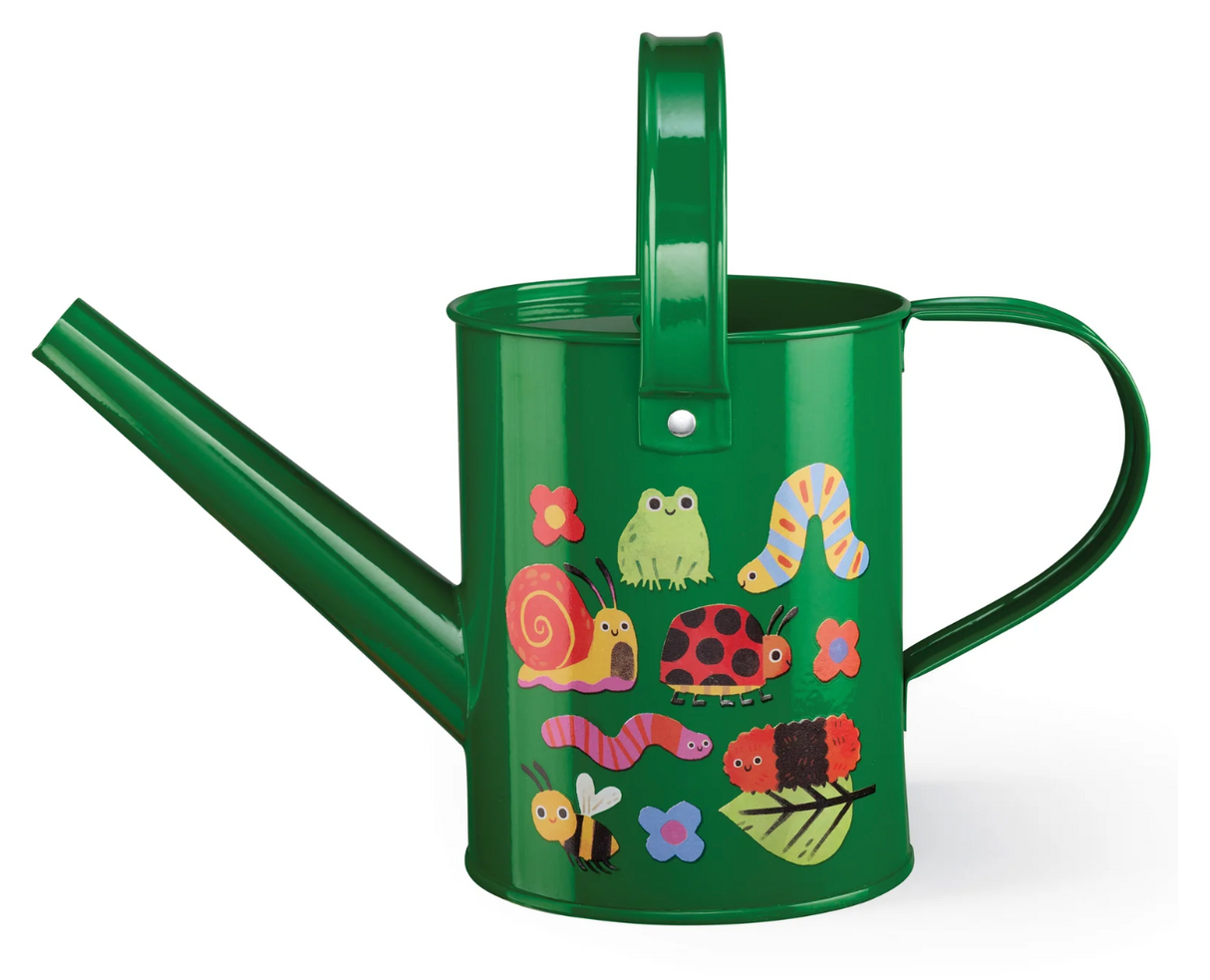 Watering Can | Garden Friends metal children's watering can with two handles and colorful garden bug designs.