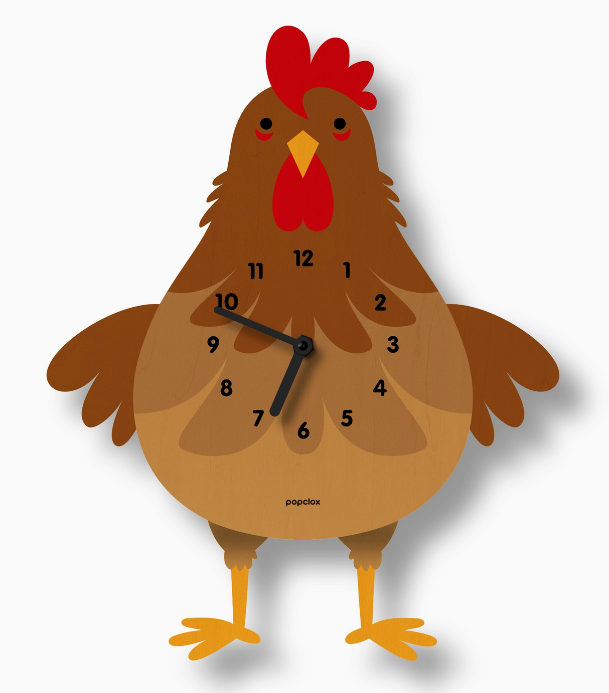 Wood Pendulum Clock | Chicken Cleo featuring a brown dancing chicken design with black clock hands and numbers.