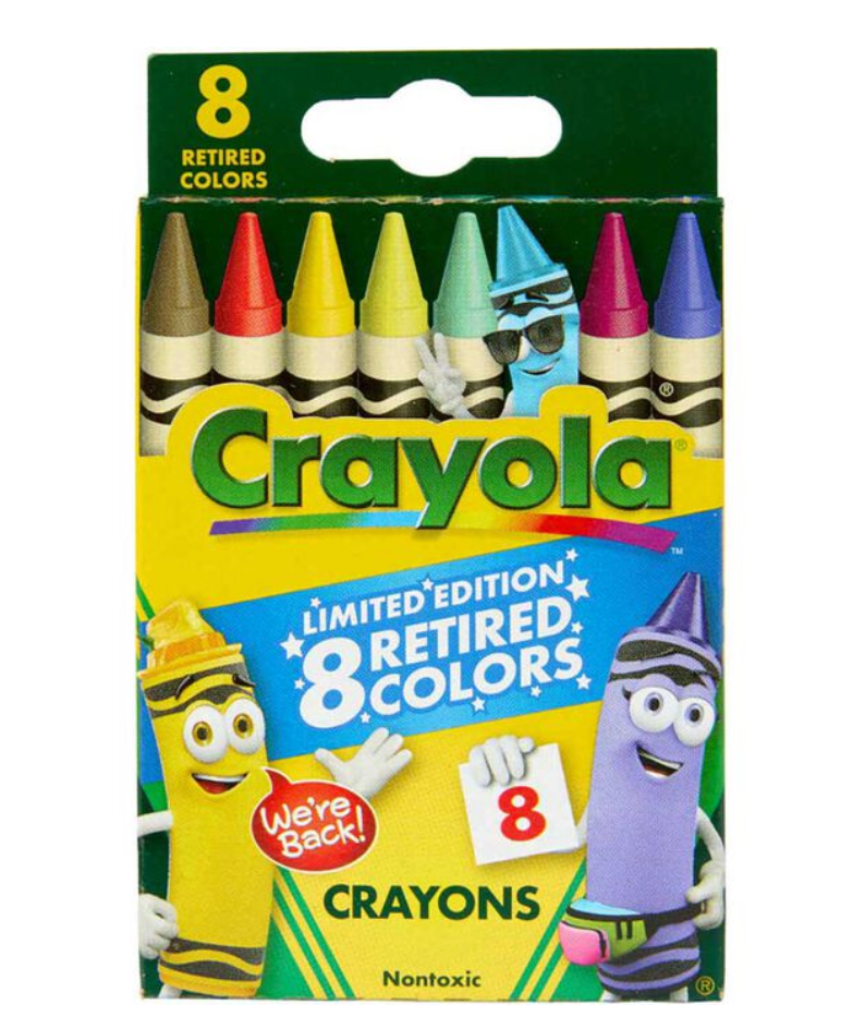 Crayons 8 Pack Limited Edition featuring 8 retired Crayola colors in a colorful, playful boxed set.