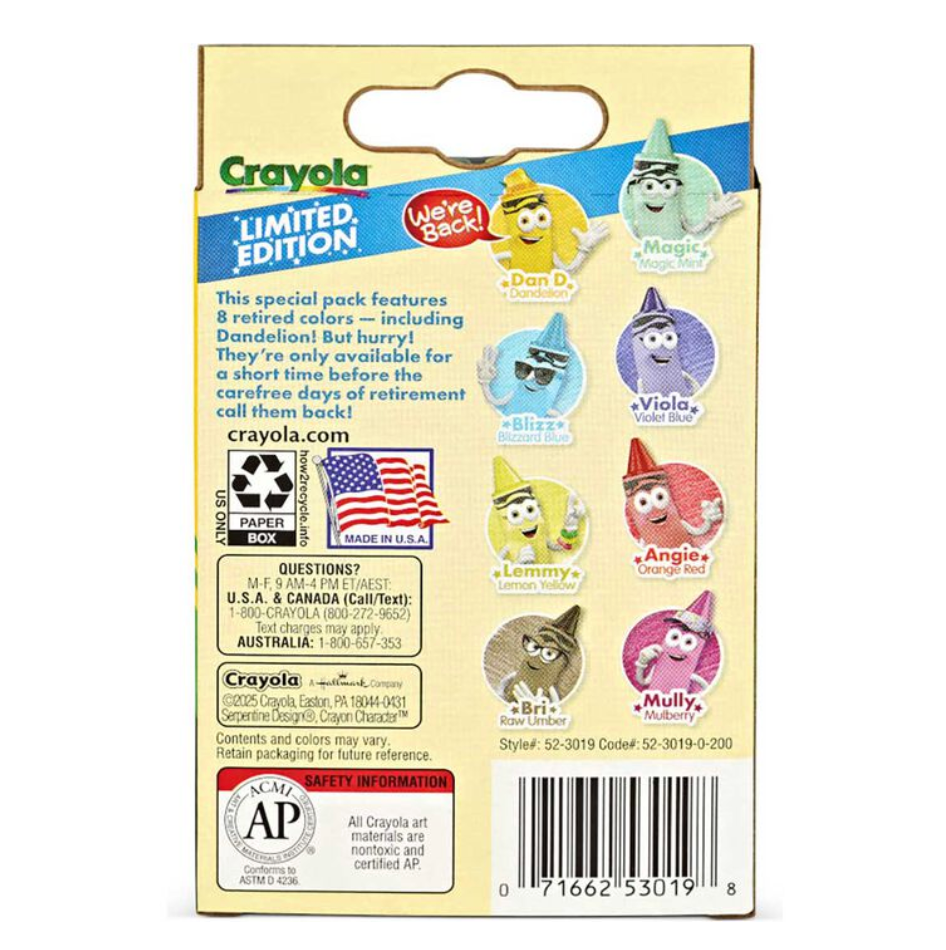 Crayons 8 Pack Limited Edition box showing eight retired Crayola crayon colors with character illustrations on packaging.