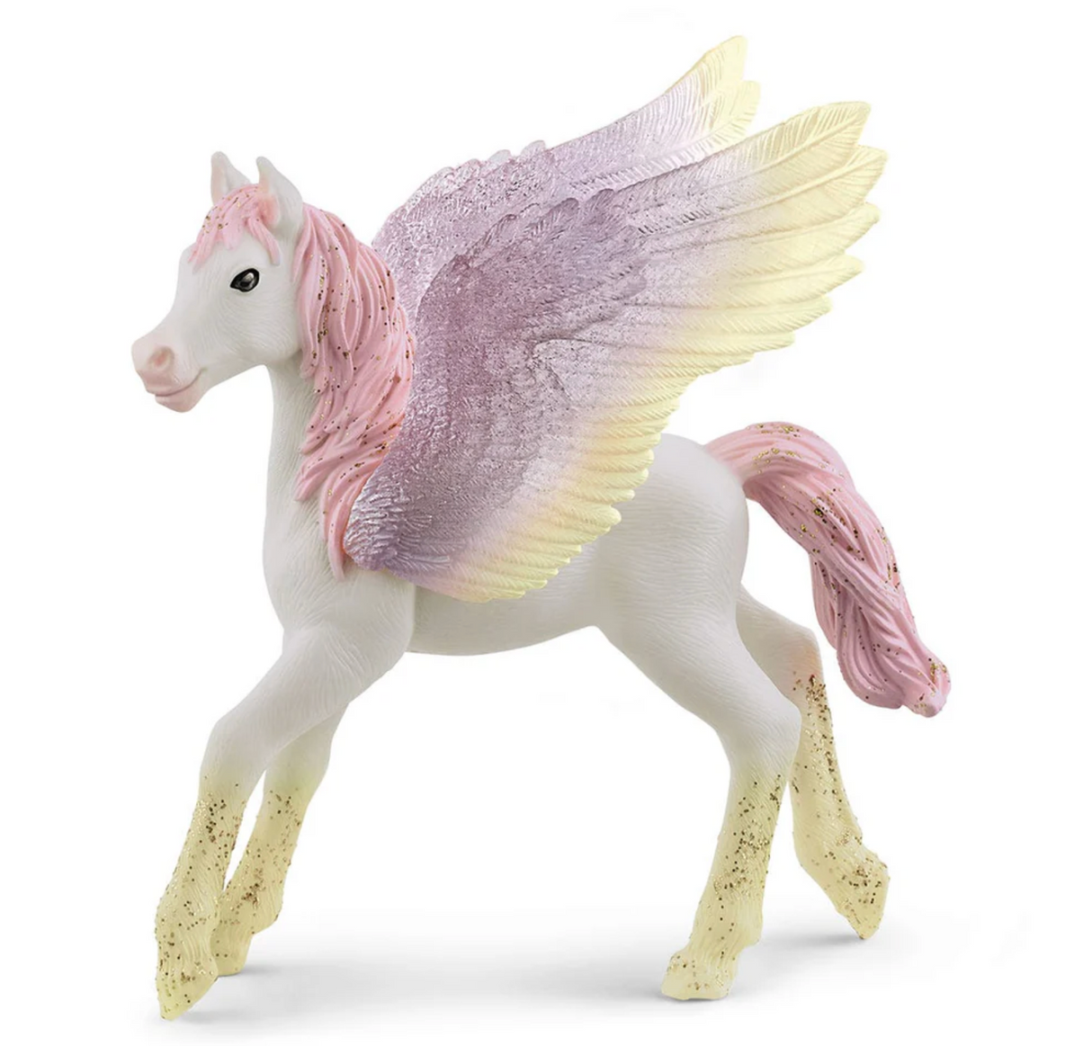 Bayala | Sunrise Pegasus Foal hand-painted figurine with pink mane and yellow-purple wings ready for imaginative play.