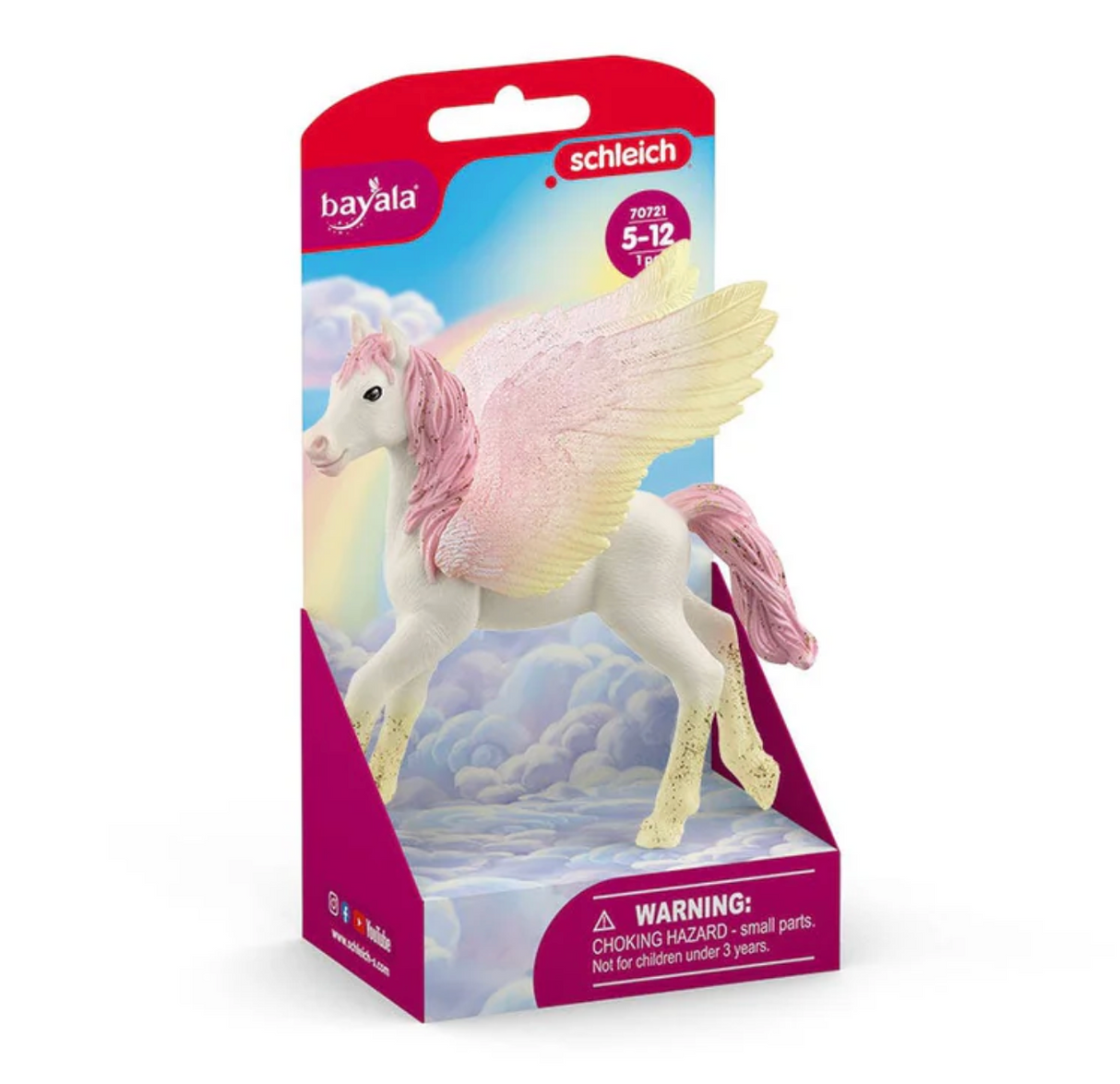 Bayala | Sunrise Pegasus Foal hand-painted figurine with pink wings and mane in colorful cloud-themed packaging.