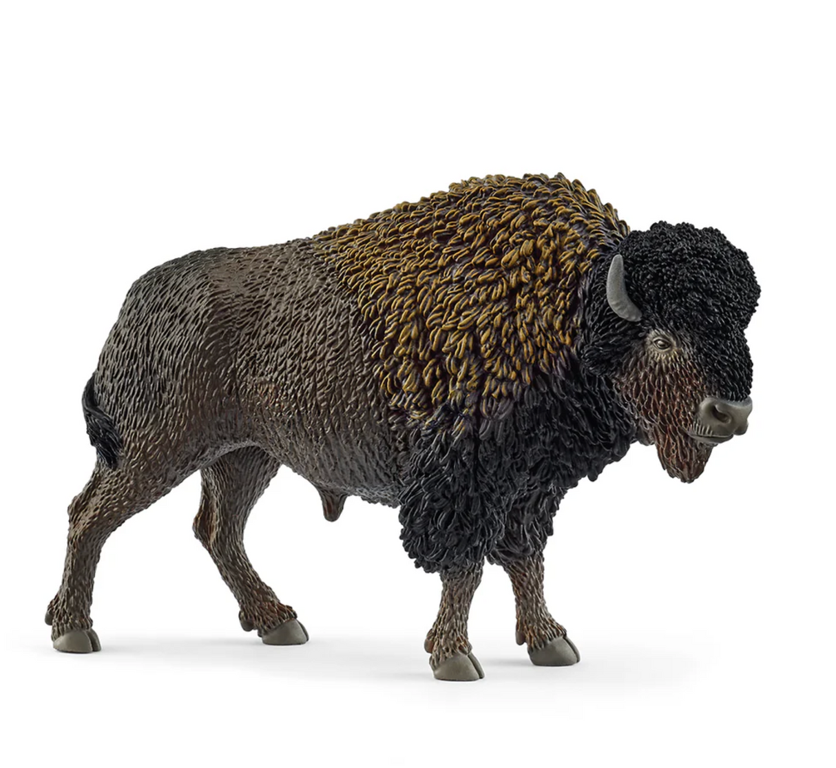 Bison figurine with thick brown coat, mighty head, distinctive hump, and short horns, friendly look for ages 3 and up.
