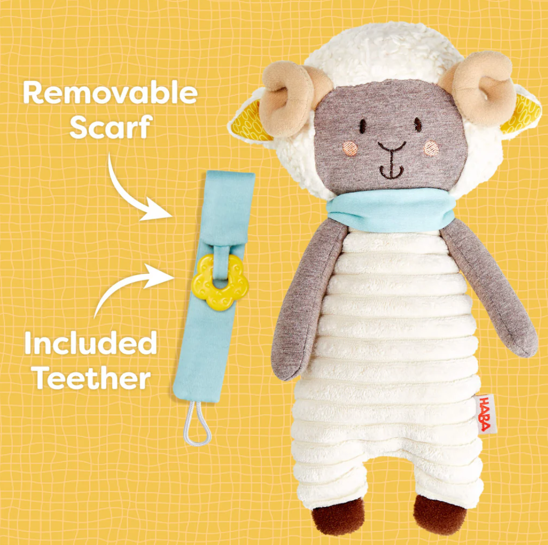 Woolbert the Ram Pacifier Holder with removable scarf and flower-shaped teether for baby comfort and sensory fun.