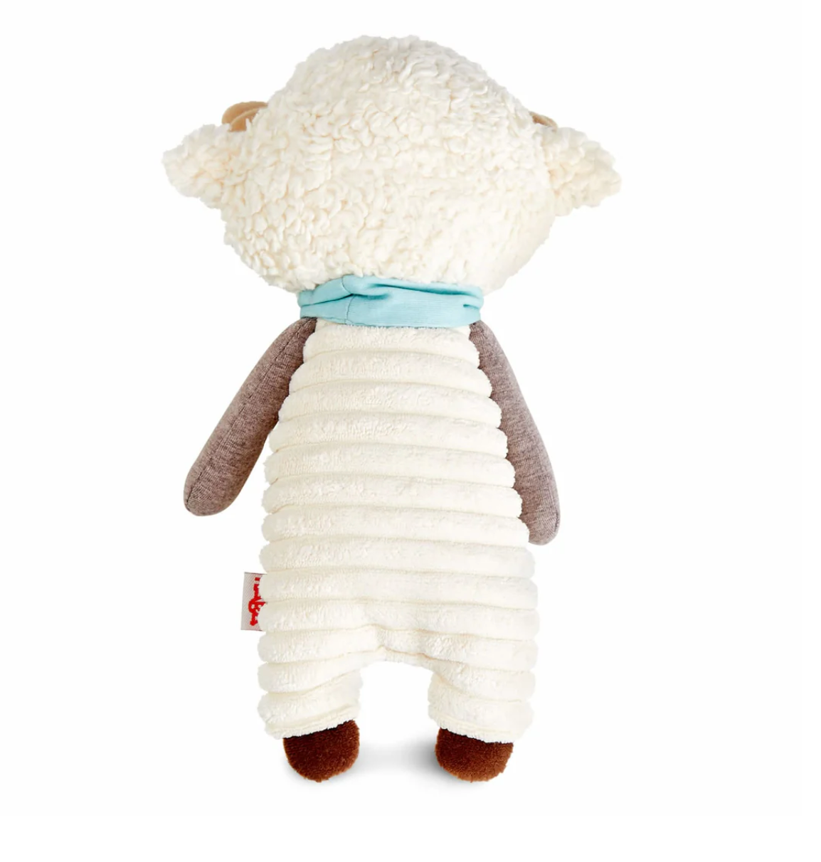 Woolbert the Ram Pacifier Holder soft plush ram with blue scarf, cozy texture, and flexible horns for baby essentials.