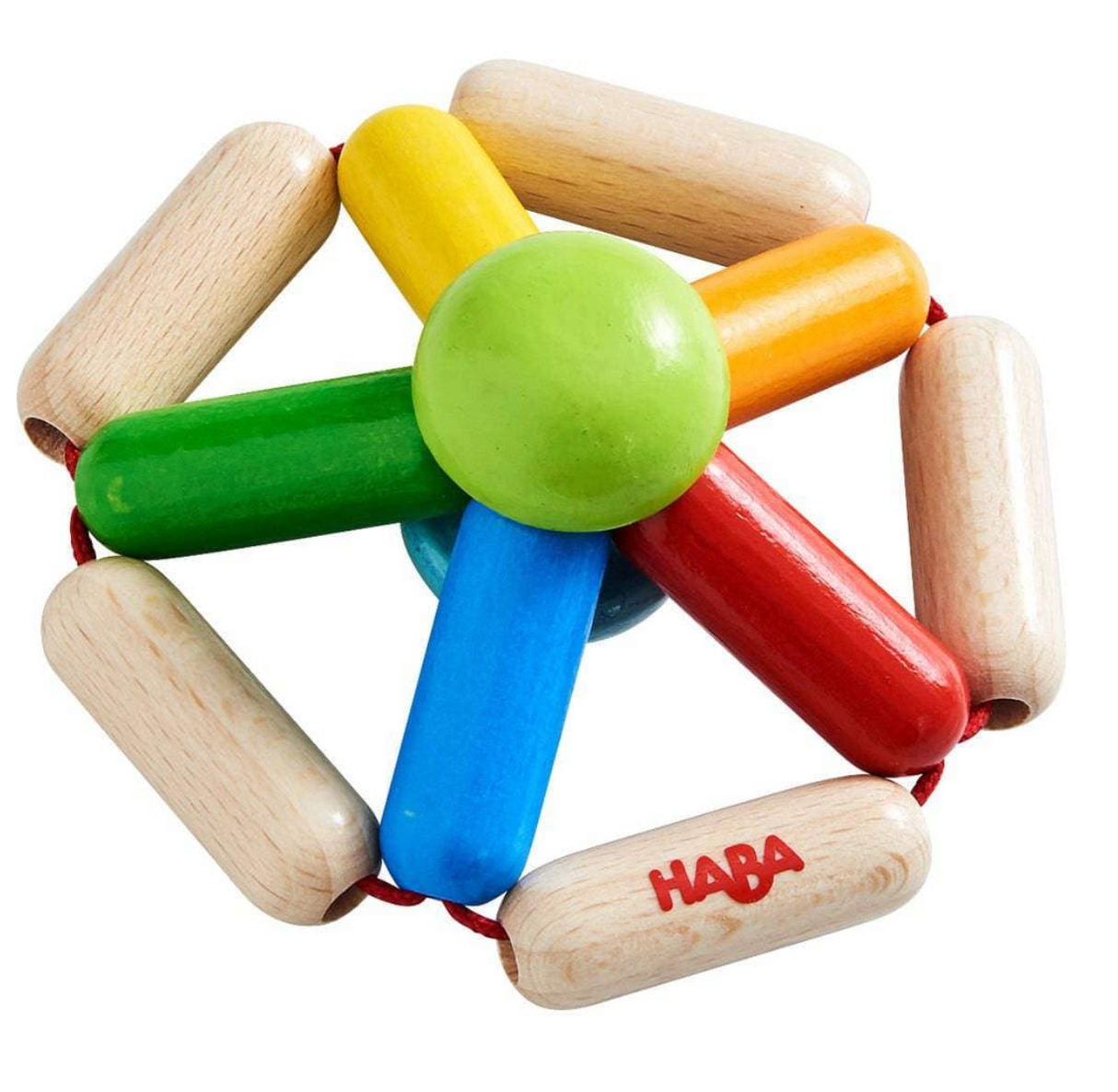 Color Carousel Wooden Rattle with vibrant colors and natural wood, designed for baby’s motor skill development and sensory play.