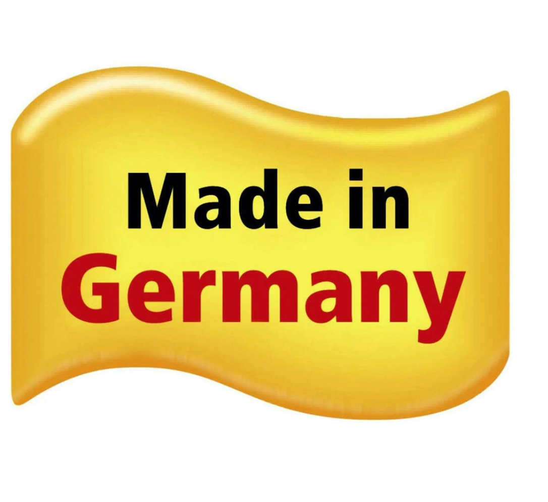 Color Carousel Wooden Rattle made in Germany with bright colors on a yellow wavy background badge.