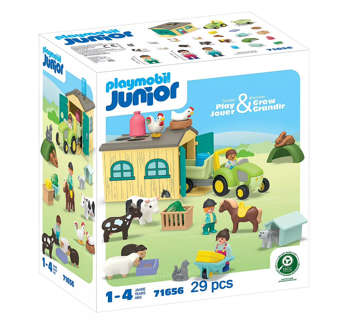 Junior | Farm Adventure with Tractor playset featuring tractor, barn, farm animals, and family figures for ages 1-4.
