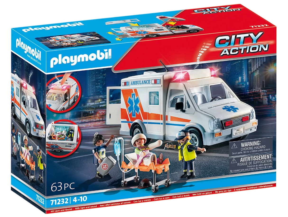 City Action | Ambulance with Lights toy set featuring ambulance, paramedics, stretcher, and medical accessories for kids 4-10 years.