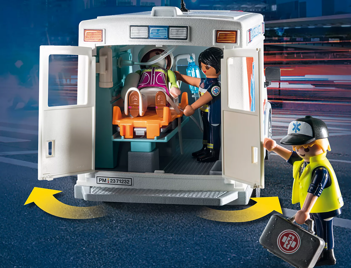 City Action | Ambulance with Lights showing open back doors, paramedics, stretcher, and medical accessories in a toy ambulance.