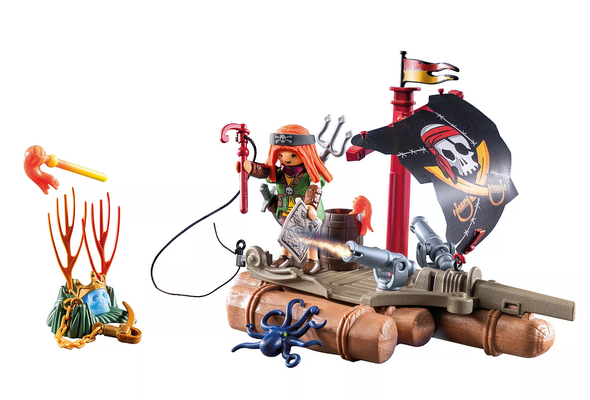 Pirates | Pirate Raft with a pirate figure, two cannons, barrel, and a black flag sailing on a wooden raft.
