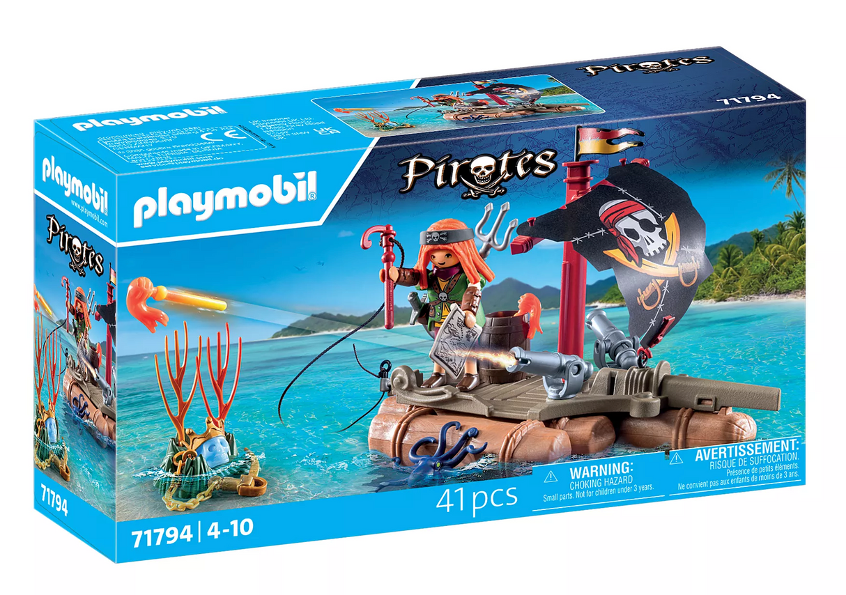Playmobil Pirates | Pirate Raft with cannons, pirate figure, and treasure barrel sailing on the sea.