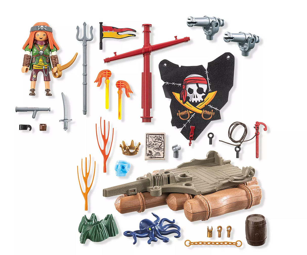 Pirates | Pirate Raft playset with pirate figure, raft, cannons, treasure map, crystal skull, and sea accessories for adventurous play.